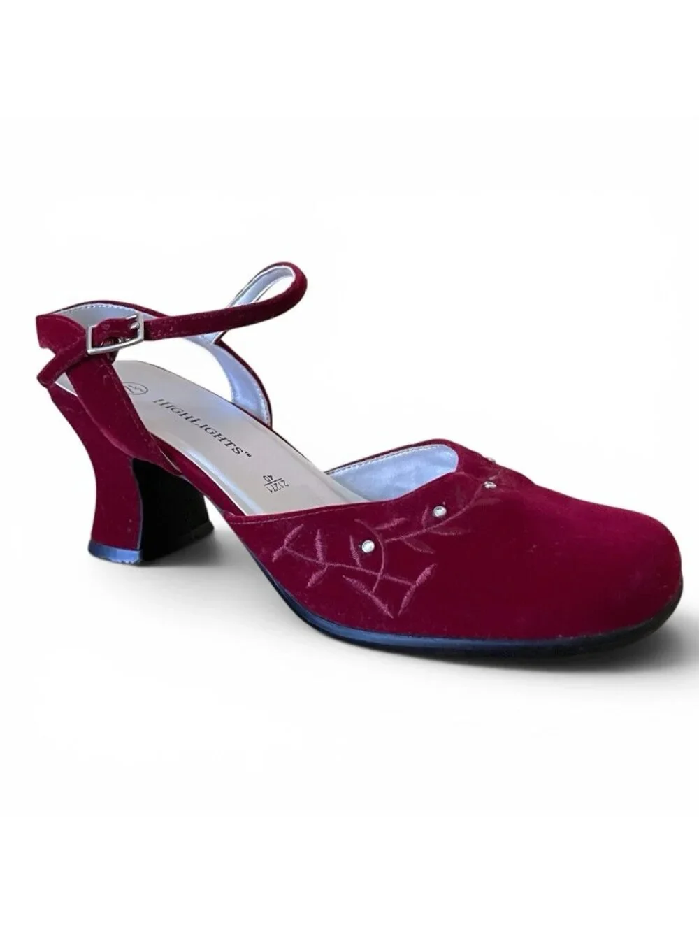 Vintage 90s Womens Mary Jane Heels Sz 7.5 Red Velvet Embroidered Whimsigoth